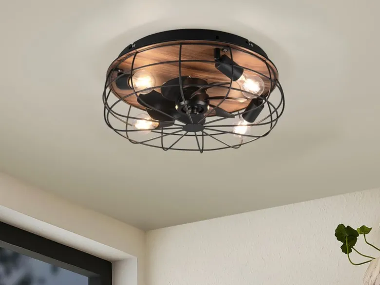 Deckenleuchte mit Ventilator TRONDHEIM, Fernbedienung Schwarz/Holzoptik, Ø 48cm