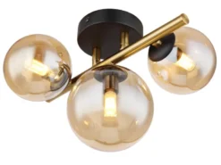 Deckenleuchte RIHA Messing-Schwarz 3-flammig mit Glaskugeln Bernstein, B: 28cm