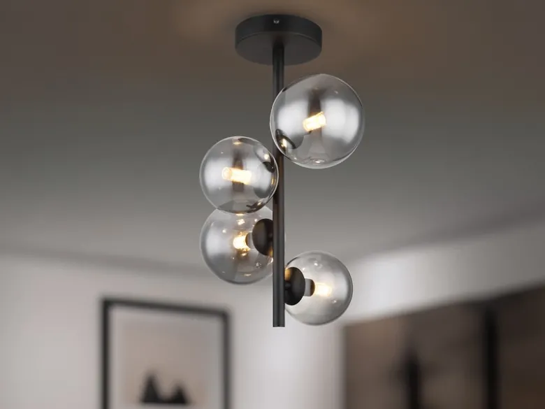 Deckenleuchte RIHA Schwarz 4-flammig mit Glaskugeln Rauchglas, Höhe 40cm