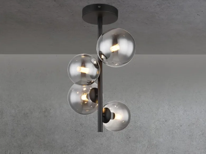 Deckenleuchte RIHA Schwarz 4-flammig mit Glaskugeln Rauchglas, Höhe 40cm
