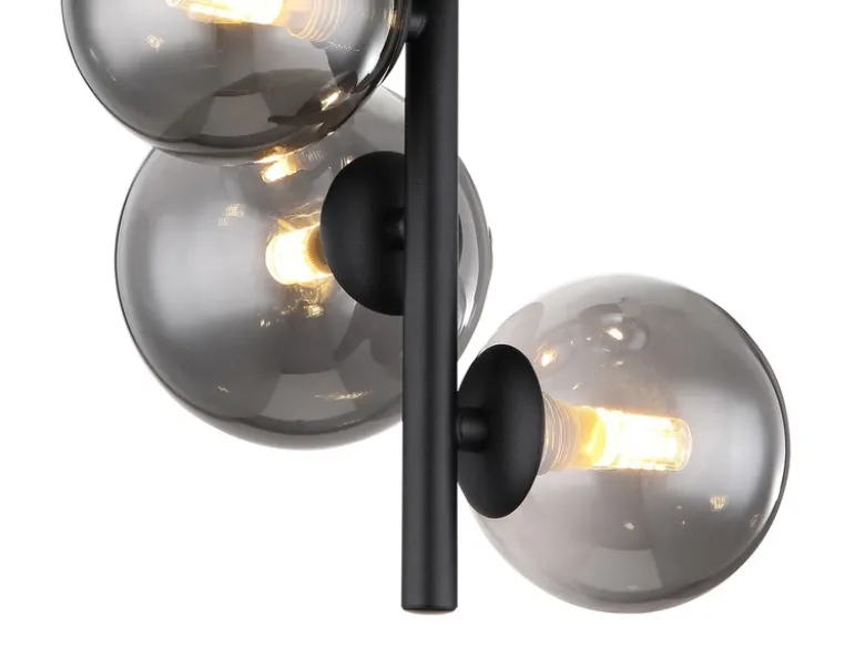 Deckenleuchte RIHA Schwarz 4-flammig mit Glaskugeln Rauchglas, Höhe 40cm