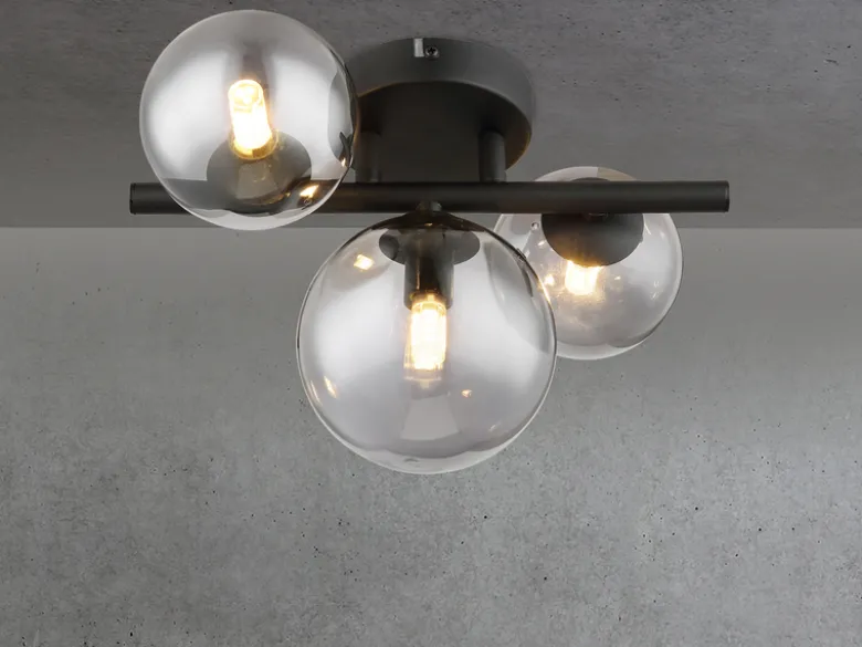 Deckenleuchte RIHA Schwarz 3-flammig mit Glaskugeln Rauchglas, Breite 28cm