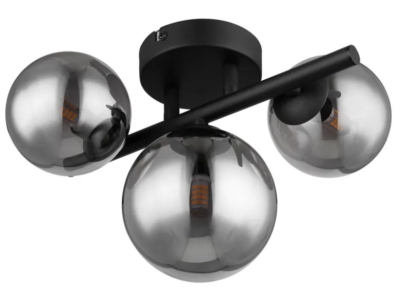 Deckenleuchte RIHA Schwarz 3-flammig mit Glaskugeln Rauchglas, Breite 28cm