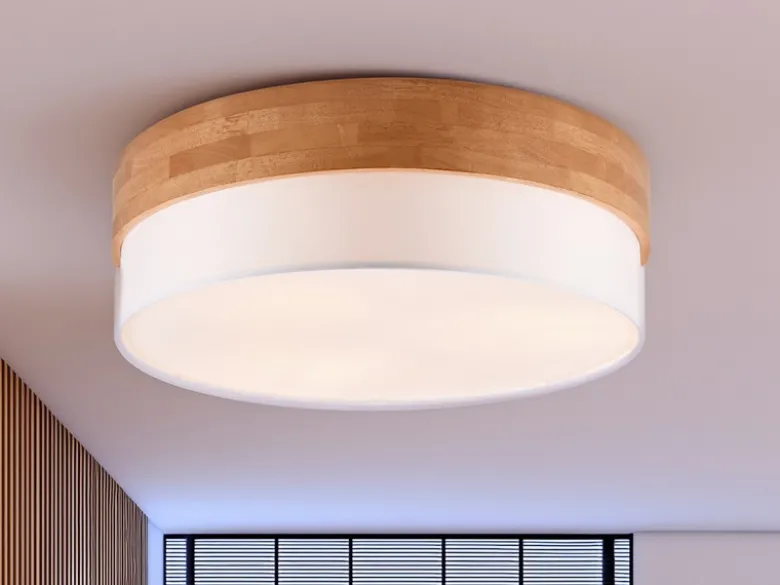Deckenleuchte SEASONS Holzlampe mit Stoffschirm Weiß, Ø 50cm