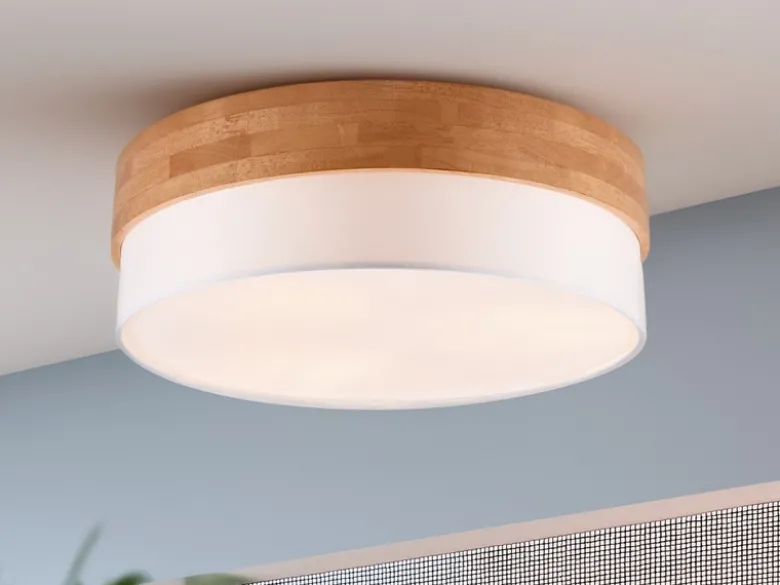 Deckenleuchte SEASONS Holzlampe mit Stoffschirm Weiß, Ø 50cm