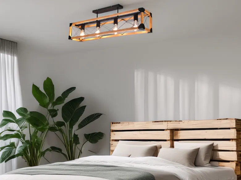 Deckenleuchte TENALI 4-flammig mit Holzbalken Metall Schwarz, Breite 100cm