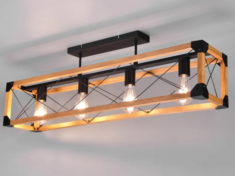 Deckenleuchte TENALI 4-flammig mit Holzbalken Metall Schwarz, Breite 100cm