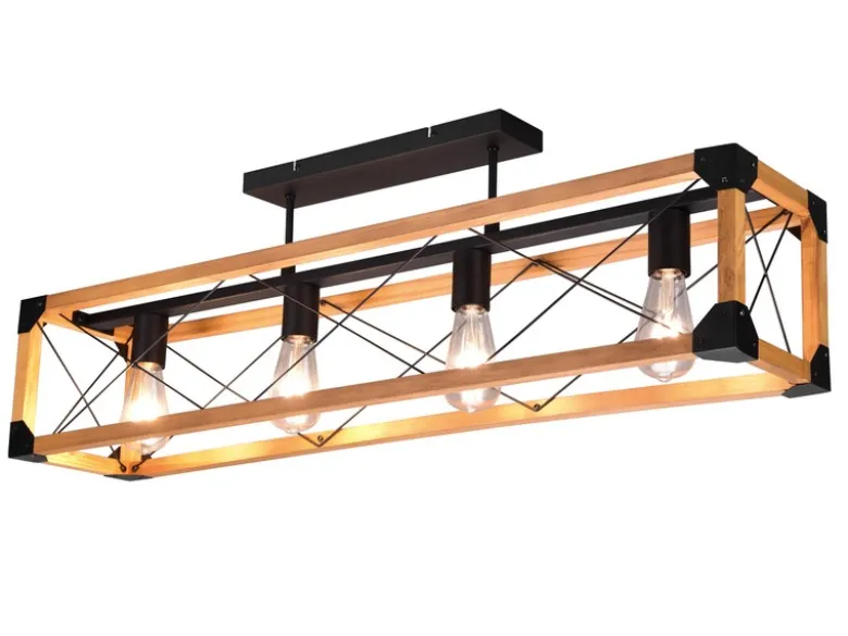 Deckenleuchte TENALI 4-flammig mit Holzbalken Metall Schwarz, Breite 100cm