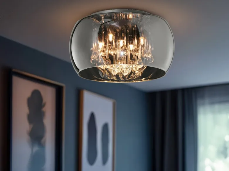 Deckenleuchte VAPORE mit Glas Chrom in Rauchglas Optik & Kristallbehang Ø 40cm
