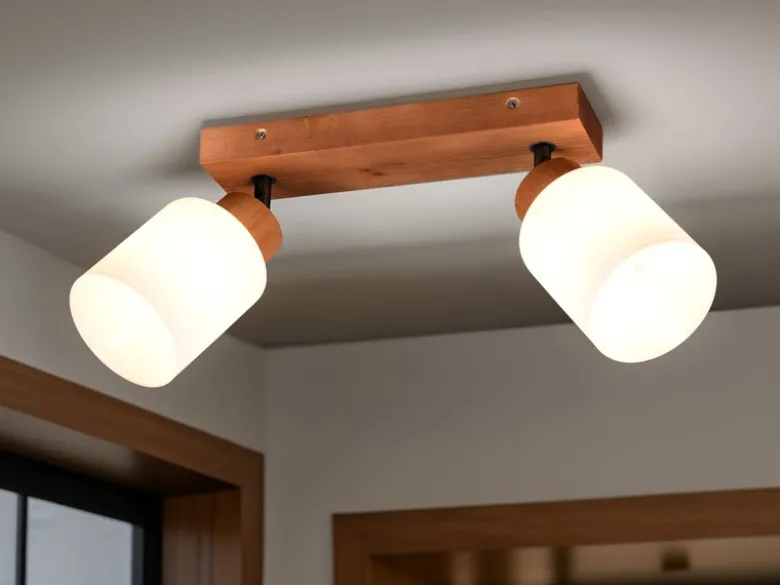 Deckenstrahler ASSAM 2 flammig Korpus Holz & Glasschirme Weiß, Breite 30cm