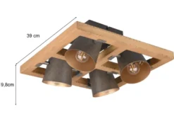 Deckenstrahler BELL 4-flammig Silber antik & Gold mit Holz, Quadrat 39cm