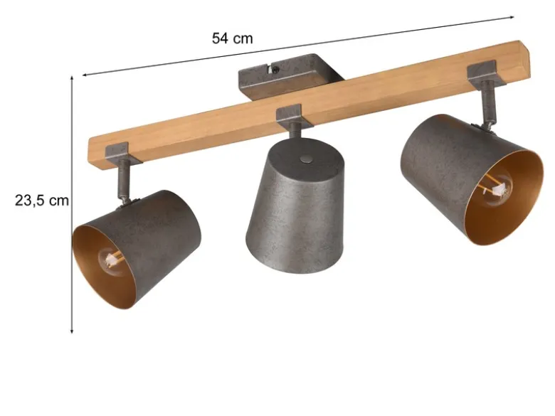 Deckenstrahler BELL 3-flammig Silber antik & Gold mit Holz, Breite 54cm