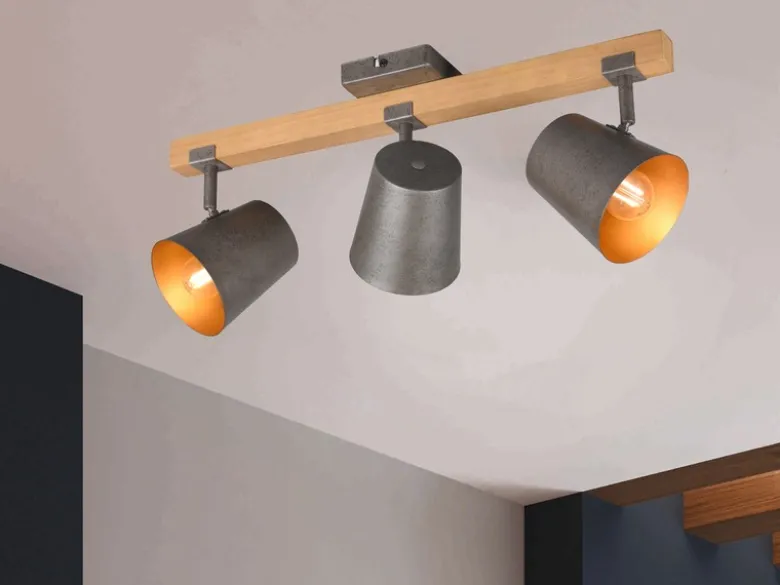 Deckenstrahler BELL 3-flammig Silber antik & Gold mit Holz, Breite 54cm