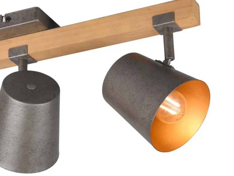Deckenstrahler BELL 3-flammig Silber antik & Gold mit Holz, Breite 54cm
