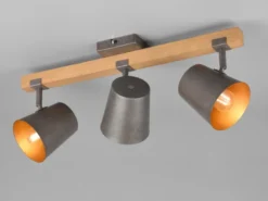 Deckenstrahler BELL 3-flammig Silber antik & Gold mit Holz, Breite 54cm