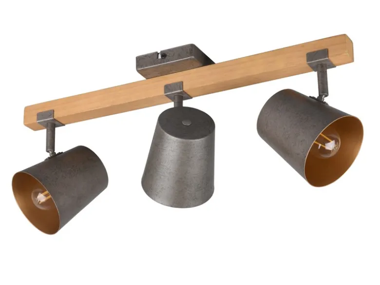 Deckenstrahler BELL 3-flammig Silber antik & Gold mit Holz, Breite 54cm