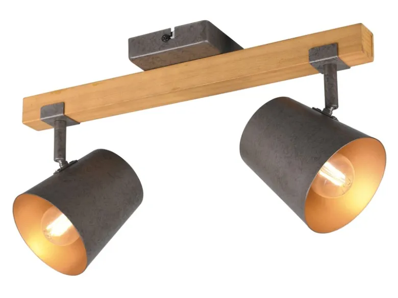 Deckenstrahler BELL 2-flammig Silber antik & Gold mit Holz, Breite 42,5cm