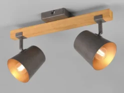 Deckenstrahler BELL 2-flammig Silber antik & Gold mit Holz, Breite 42,5cm
