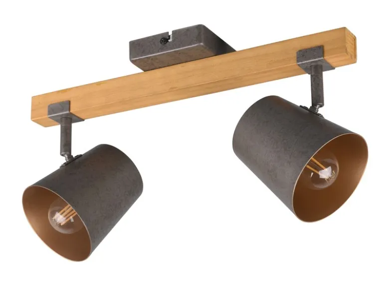 Deckenstrahler BELL 2-flammig Silber antik & Gold mit Holz, Breite 42,5cm
