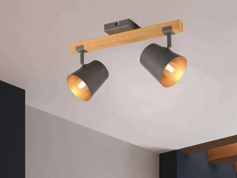 Deckenstrahler BELL 2-flammig Silber antik & Gold mit Holz, Breite 42,5cm