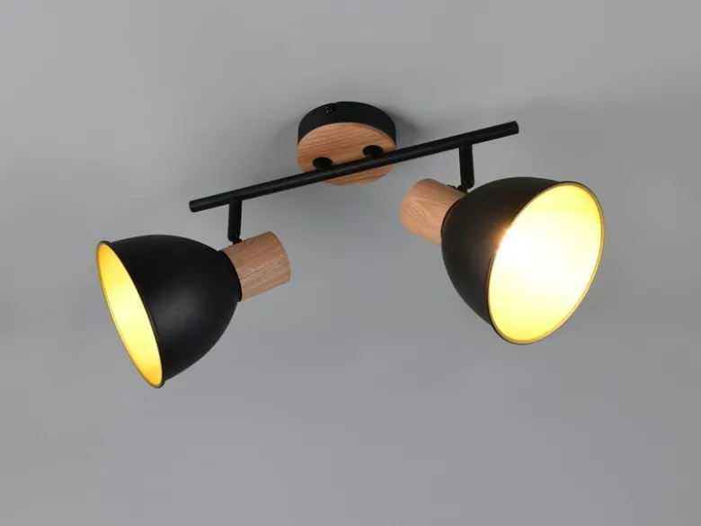 Deckenstrahler DELUME 2-flammig aus Metall in Schwarz/Gold & Holzoptik, B: 49cm