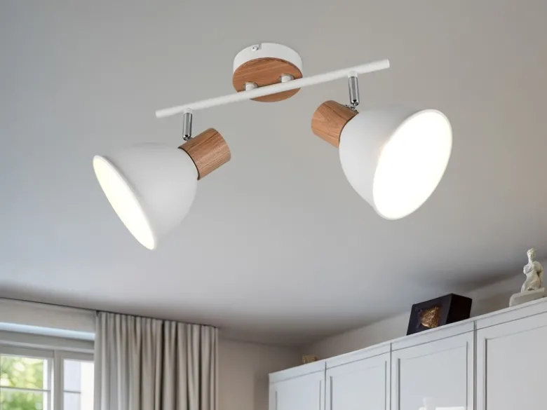 Deckenstrahler DELUME 2-flammig aus Metall in Weiß & Holzoptik, Breite 49cm