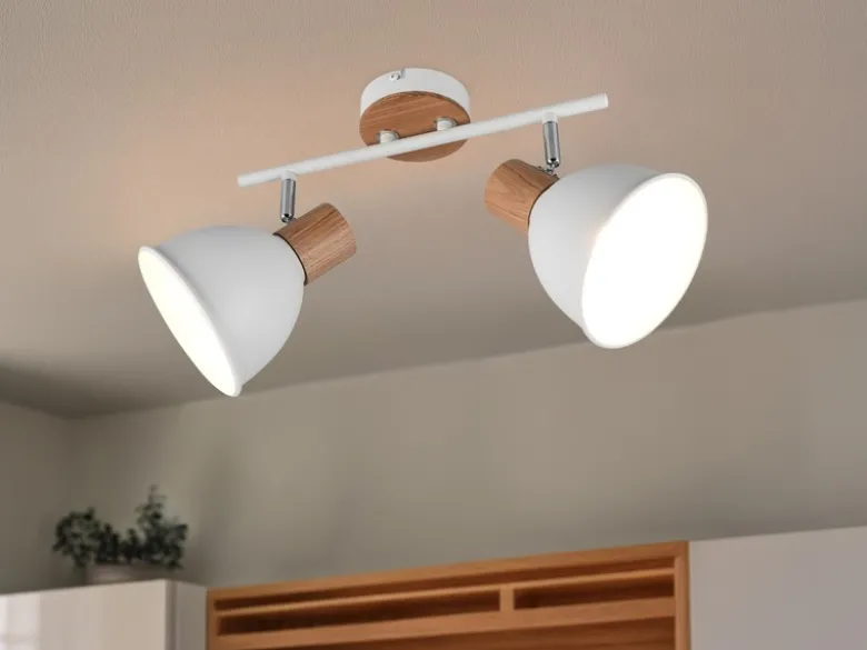 Deckenstrahler DELUME 2-flammig aus Metall in Weiß & Holzoptik, Breite 49cm