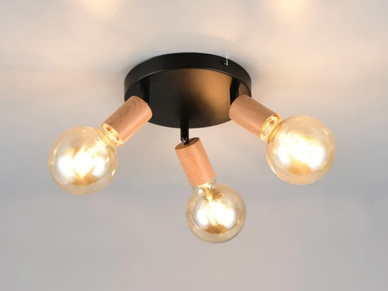 Deckenstrahler LAMEGO 3-flammig rund aus Metall in Schwarz & Holzoptik, Ø 29cm
