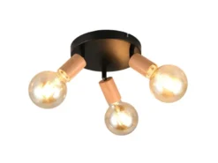 Deckenstrahler LAMEGO 3-flammig rund aus Metall in Schwarz & Holzoptik, Ø 29cm