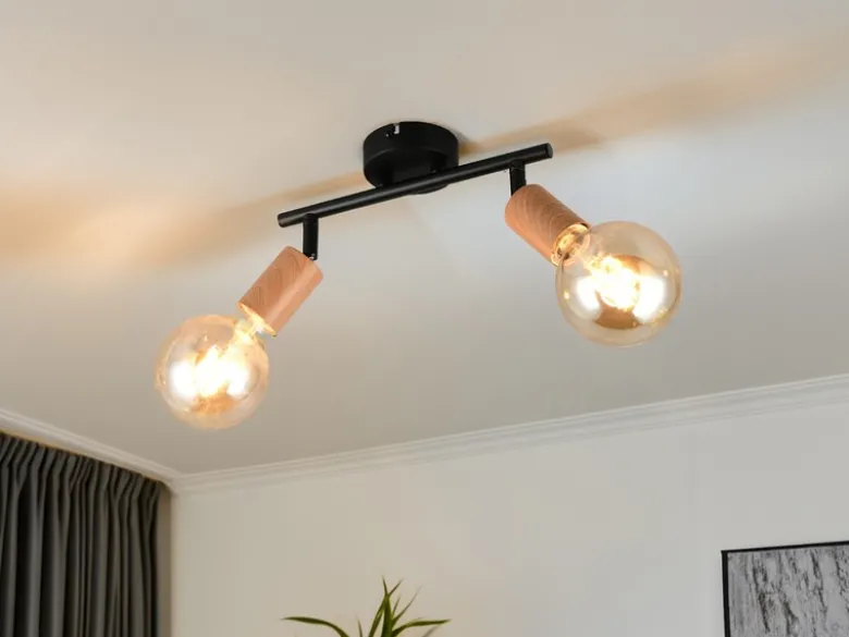 Deckenstrahler LAMEGO 2-flammig aus Metall in Schwarz & Holzoptik, Breite 35cm