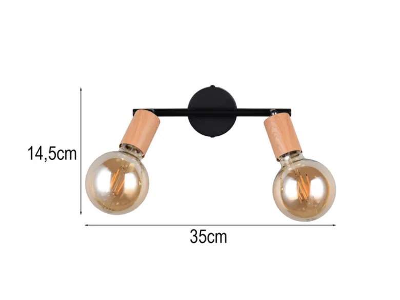 Deckenstrahler LAMEGO 2-flammig aus Metall in Schwarz & Holzoptik, Breite 35cm