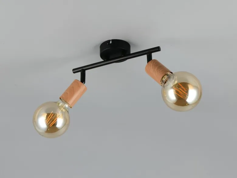 Deckenstrahler LAMEGO 2-flammig aus Metall in Schwarz & Holzoptik, Breite 35cm