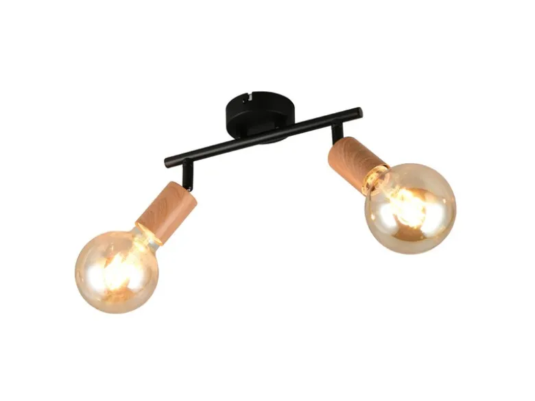 Deckenstrahler LAMEGO 2-flammig aus Metall in Schwarz & Holzoptik, Breite 35cm