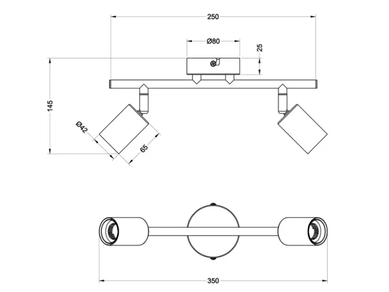 Deckenstrahler LAMEGO 2-flammig aus Metall in Schwarz & Holzoptik, Breite 35cm