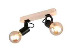 Deckenstrahler LYNAR 2-flammig aus Metall Schwarz mit Naturholz, Breite 31cm