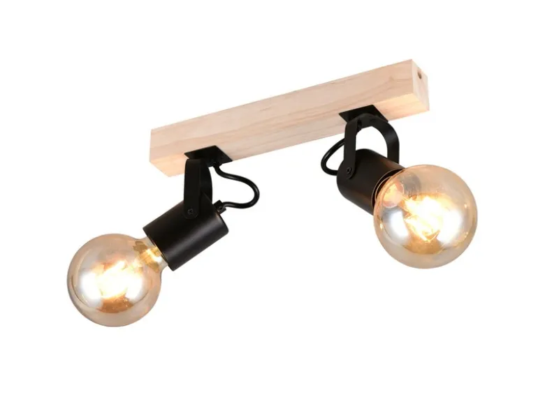 Deckenstrahler LYNAR 2-flammig aus Metall Schwarz mit Naturholz, Breite 31cm