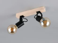 Deckenstrahler LYNAR 2-flammig aus Metall Schwarz mit Naturholz, Breite 31cm