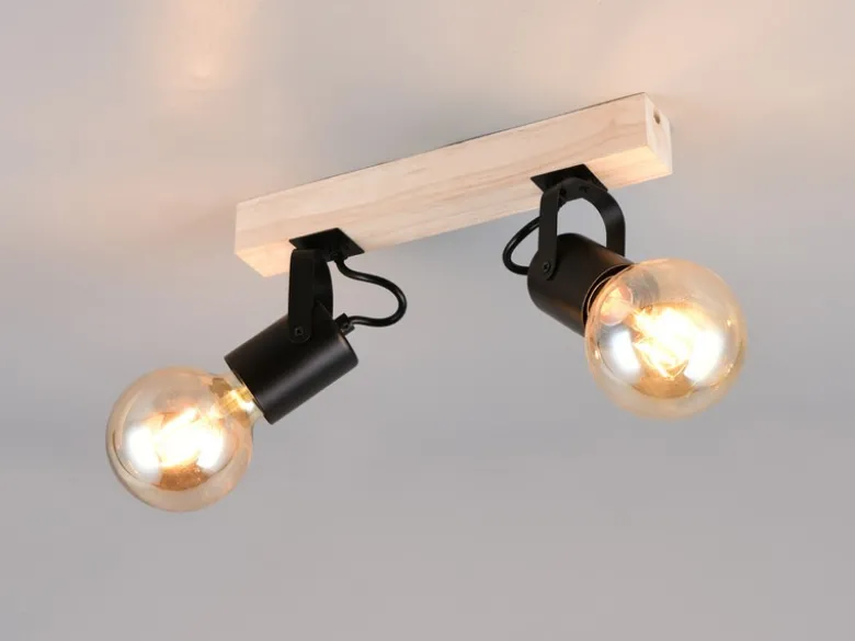 Deckenstrahler LYNAR 2-flammig aus Metall Schwarz mit Naturholz, Breite 31cm
