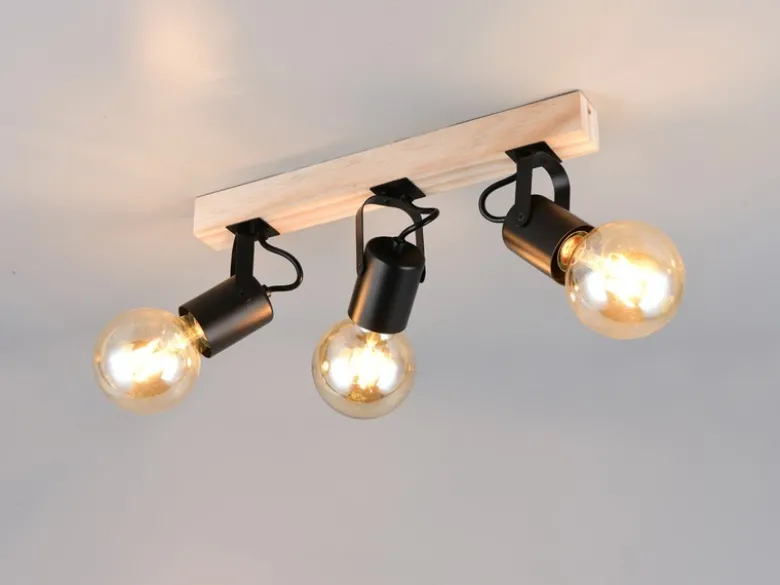 Deckenstrahler LYNAR 3-flammig aus Metall Schwarz mit Naturholz, Breite 42cm