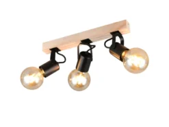 Deckenstrahler LYNAR 3-flammig aus Metall Schwarz mit Naturholz, Breite 42cm