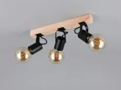 Deckenstrahler LYNAR 3-flammig aus Metall Schwarz mit Naturholz, Breite 42cm
