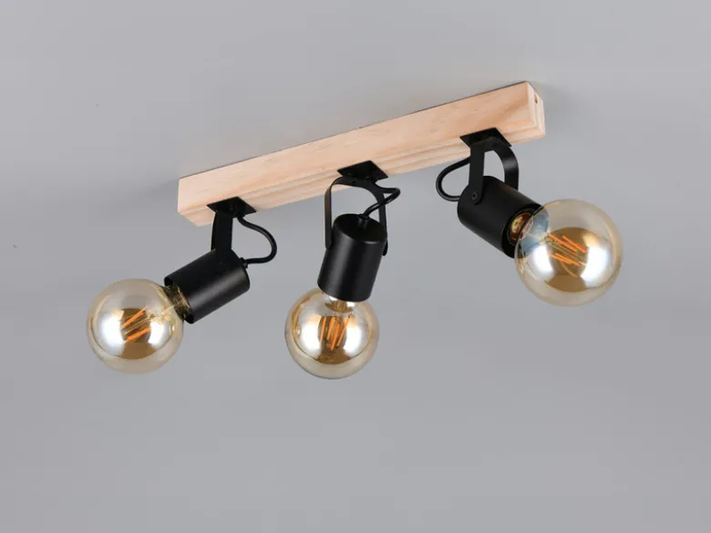 Deckenstrahler LYNAR 3-flammig aus Metall Schwarz mit Naturholz, Breite 42cm