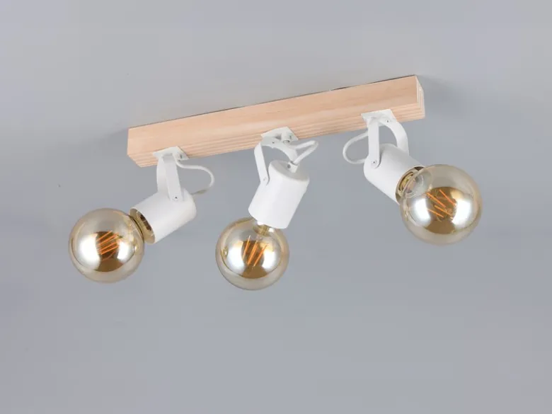 Deckenstrahler LYNAR 3-flammig aus Metall Weiß mit Naturholz, Breite 42cm