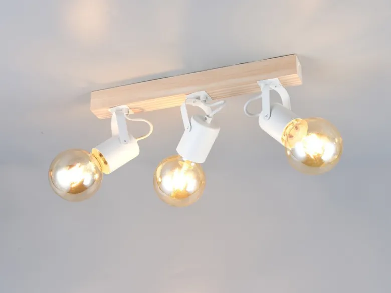 Deckenstrahler LYNAR 3-flammig aus Metall Weiß mit Naturholz, Breite 42cm