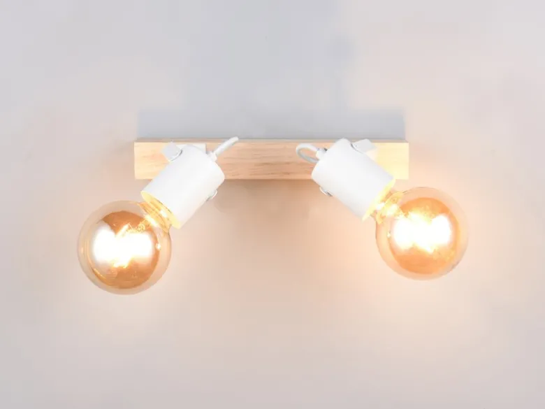 Deckenstrahler LYNAR 2-flammig aus Metall Weiß mit Naturholz, Breite 31cm