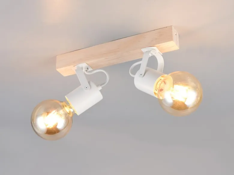 Deckenstrahler LYNAR 2-flammig aus Metall Weiß mit Naturholz, Breite 31cm