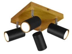 Deckenstrahler MARLEY Schwarz mit Holz 4-flammig, Quadrat 22cm