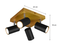 Deckenstrahler MARLEY Schwarz mit Holz 4-flammig, Quadrat 22cm