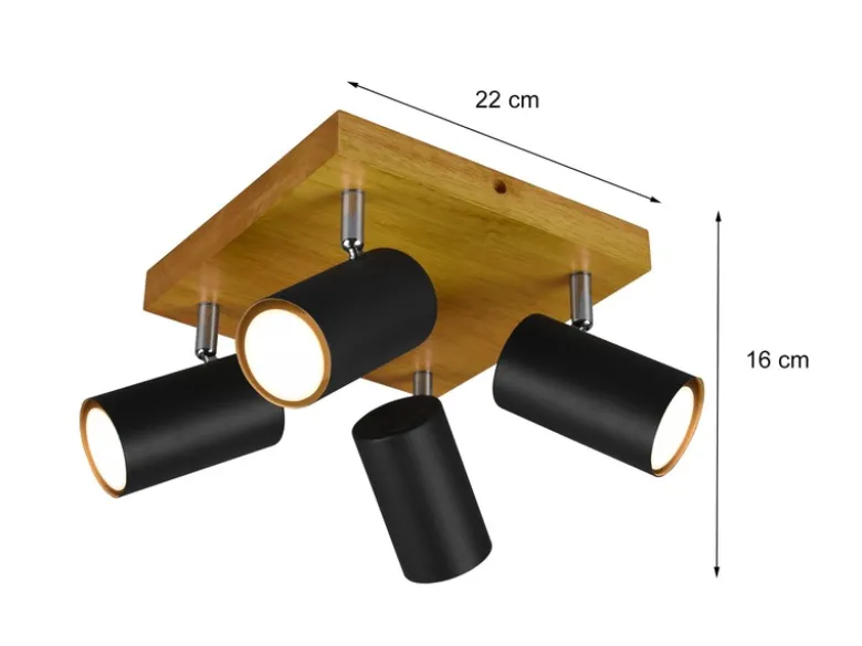 Deckenstrahler MARLEY Schwarz mit Holz 4-flammig, Quadrat 22cm