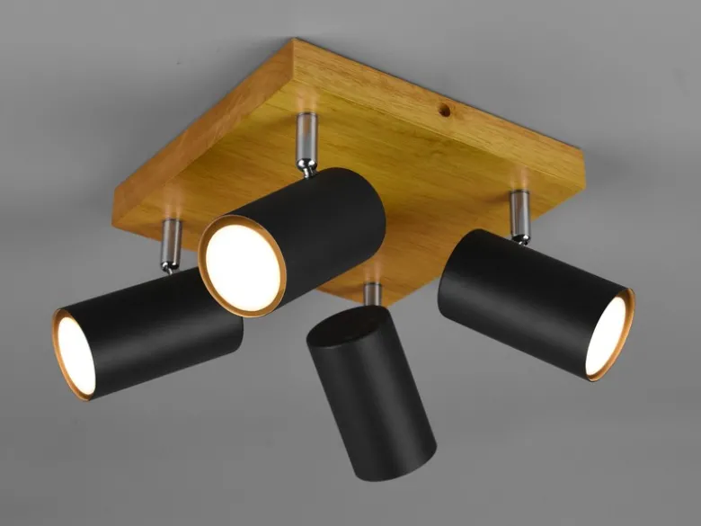 Deckenstrahler MARLEY Schwarz mit Holz 4-flammig, Quadrat 22cm